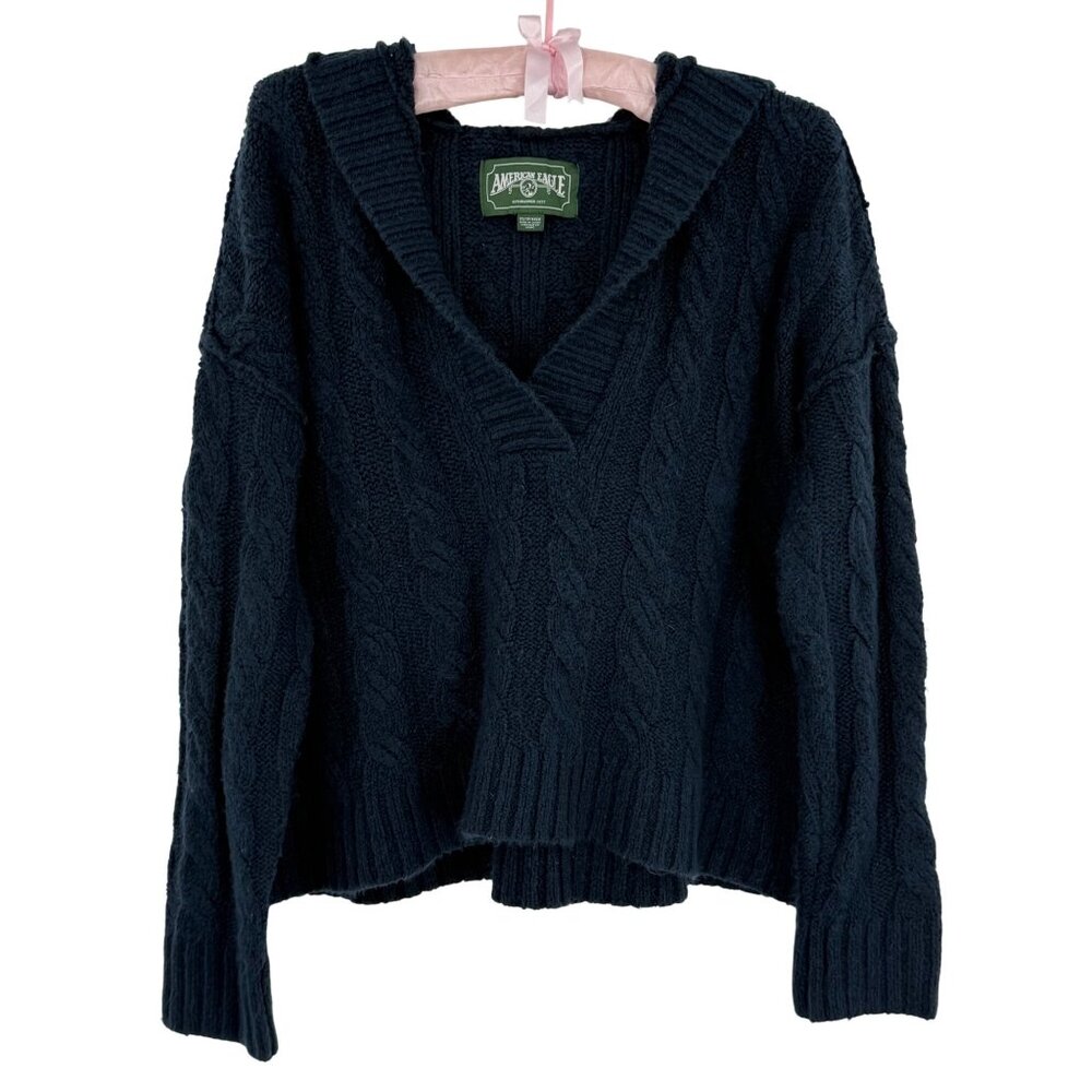 Vtg Y2K American Eagle Blue V-Neck Hooded Cable Knit Sweater | Coastal Grunge XS - Picture 9 of 13